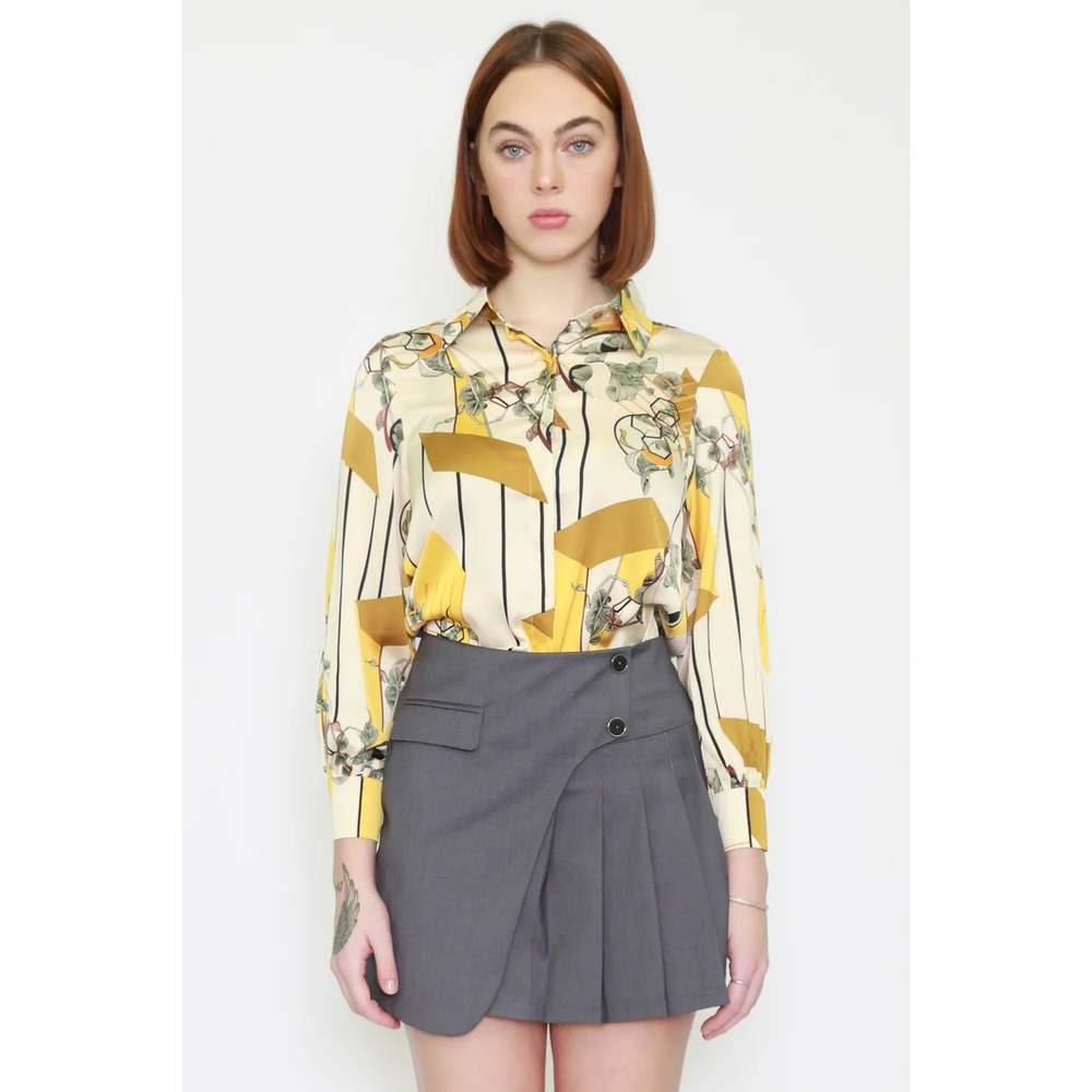 Snow Xue Gao Silk Abstract Prints Yellow Shirt Size L